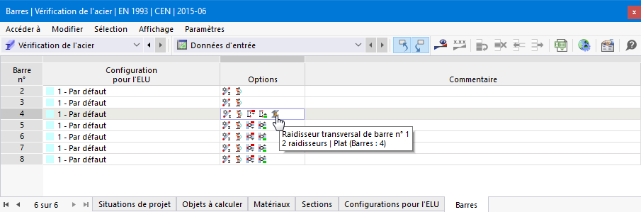 Tableau « Barres » avec les symboles des options de calcul