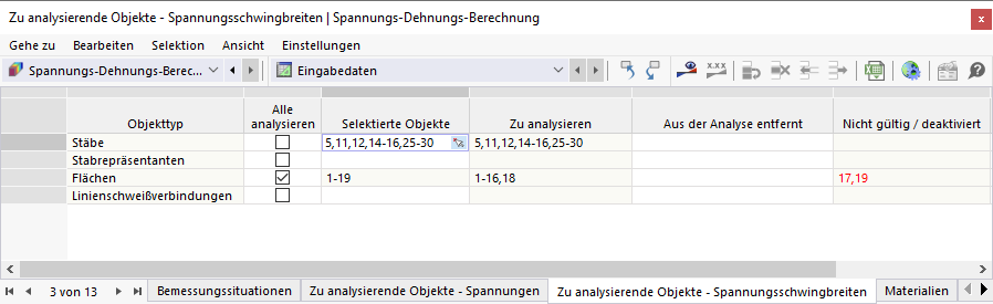 Tableau « Objets à analyser - Intervalles de contrainte » pour l'analyse contrainte-déformation