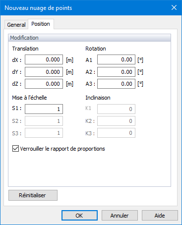 Nouveau nuage de points via la boîte de dialogue, position