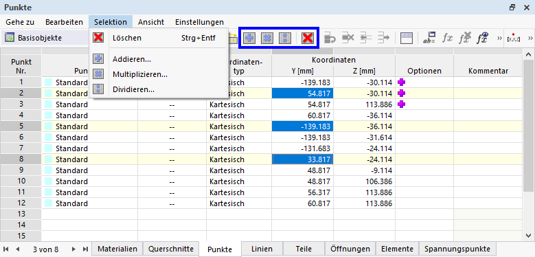 Cellules sélectionnées et fonctions d'édition via le menu et les boutons