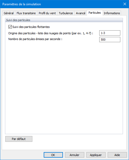 Paramètres de simulation, particules