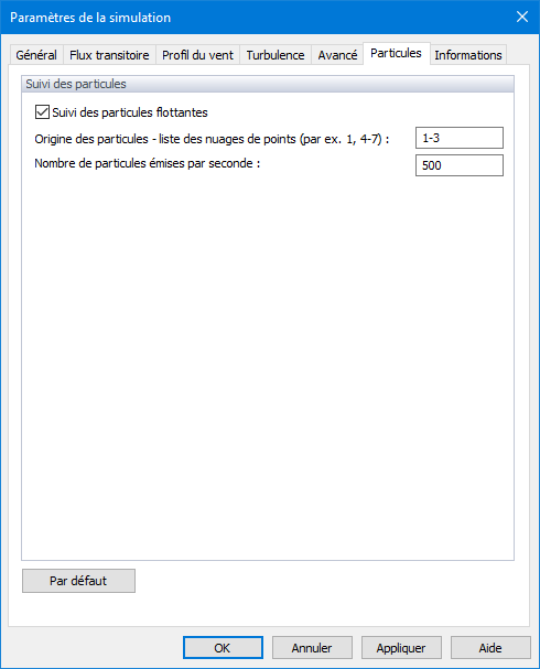 Paramètres de la simulation, Particules