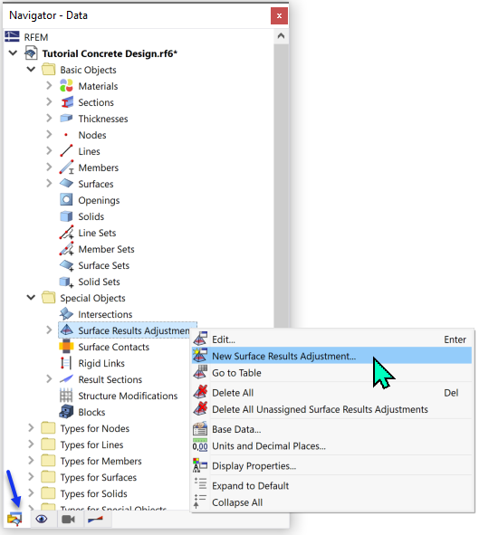 Menu contextuel "Ajustements des résultats de surface"