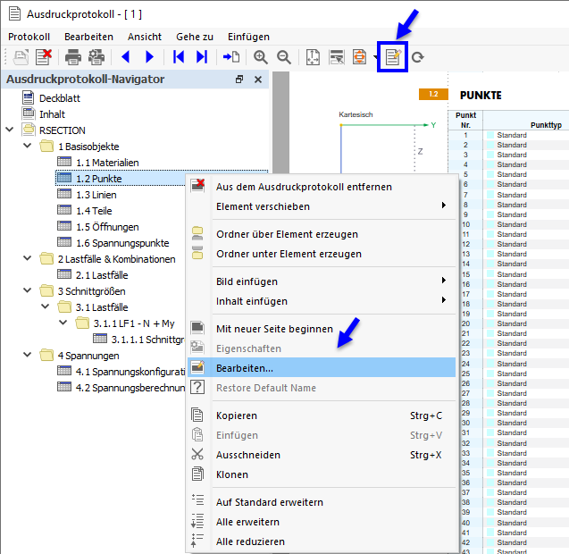 Bouton « Modifier le rapport d'impression » et menu contextuel