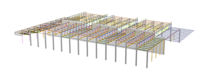 Modèle complet des halles dans RFEM (à des fins de présentation, © Isenmann Ingenieure)