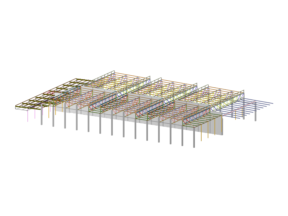 Modèle complet des halles dans RFEM (à des fins de présentation, © Isenmann Ingenieure)