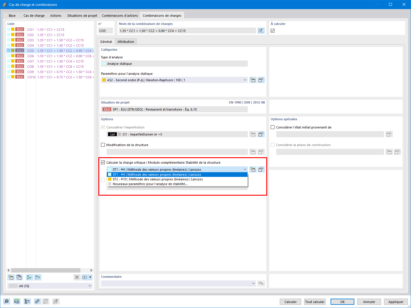 Option « Calculer la charge critique » dans la combinaison de charges