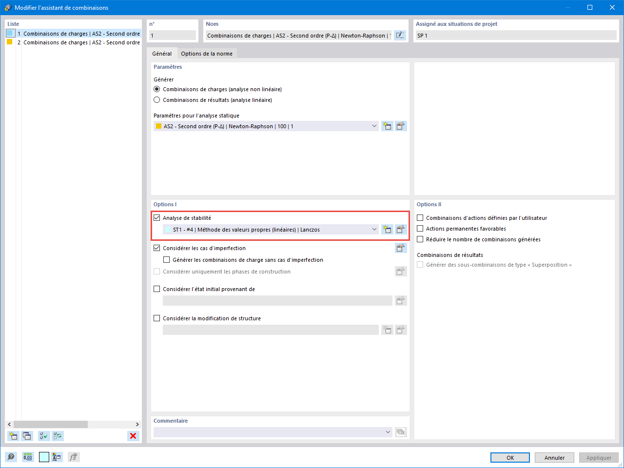 Activation de l’analyse de stabilité dans l’assistant de combinaison