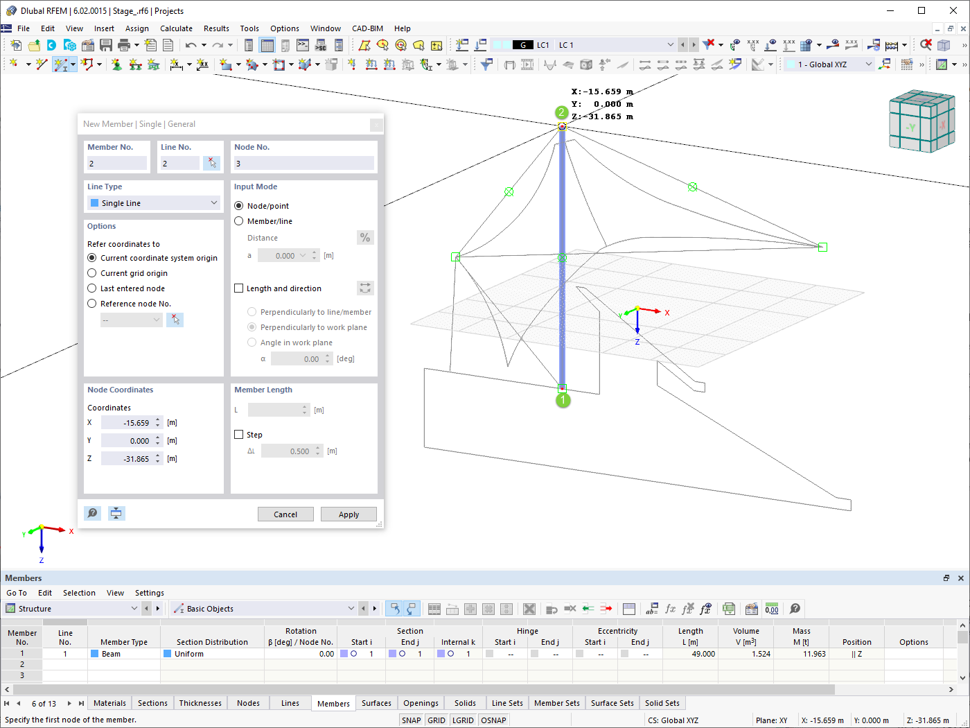 Membre dans la fenêtre de travail RFEM