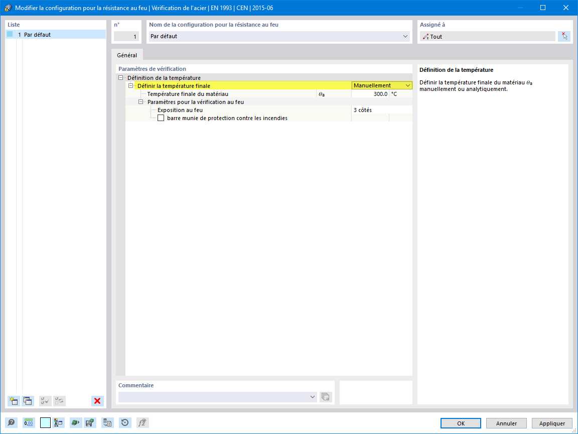 Configuration pour la résistance au feu avec température définie manuellement - Vérification de l’acier selon l’EN 1993