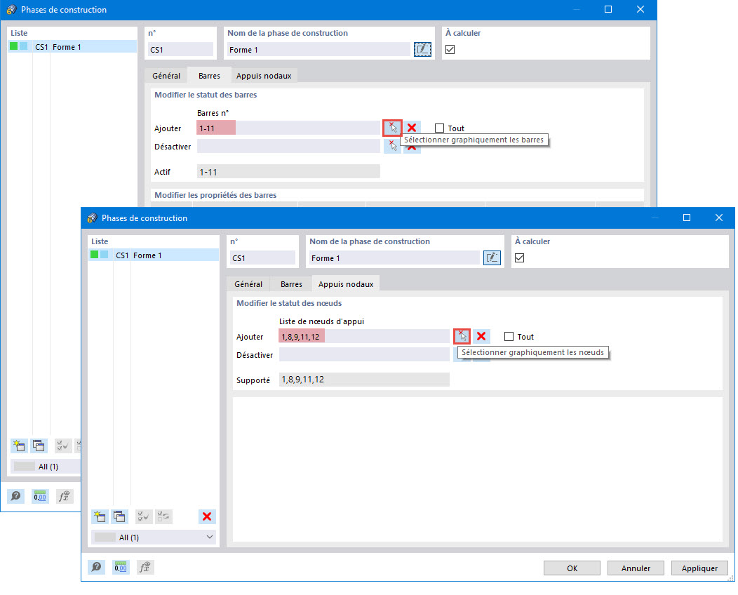 Barres et appuis nodaux dans la phase de construction 1
