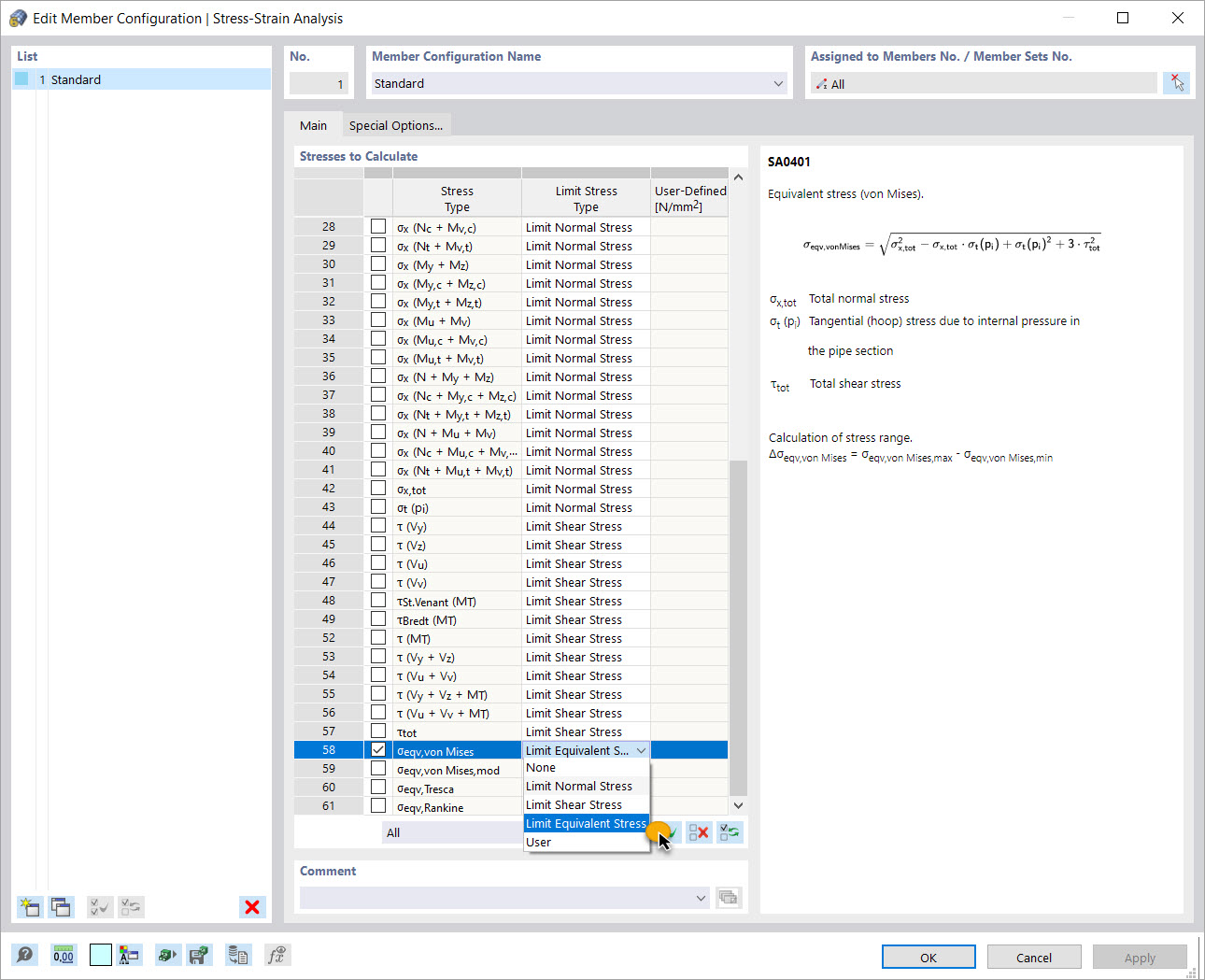 Modifier la configuration des membres | Analyse contrainte-déformation