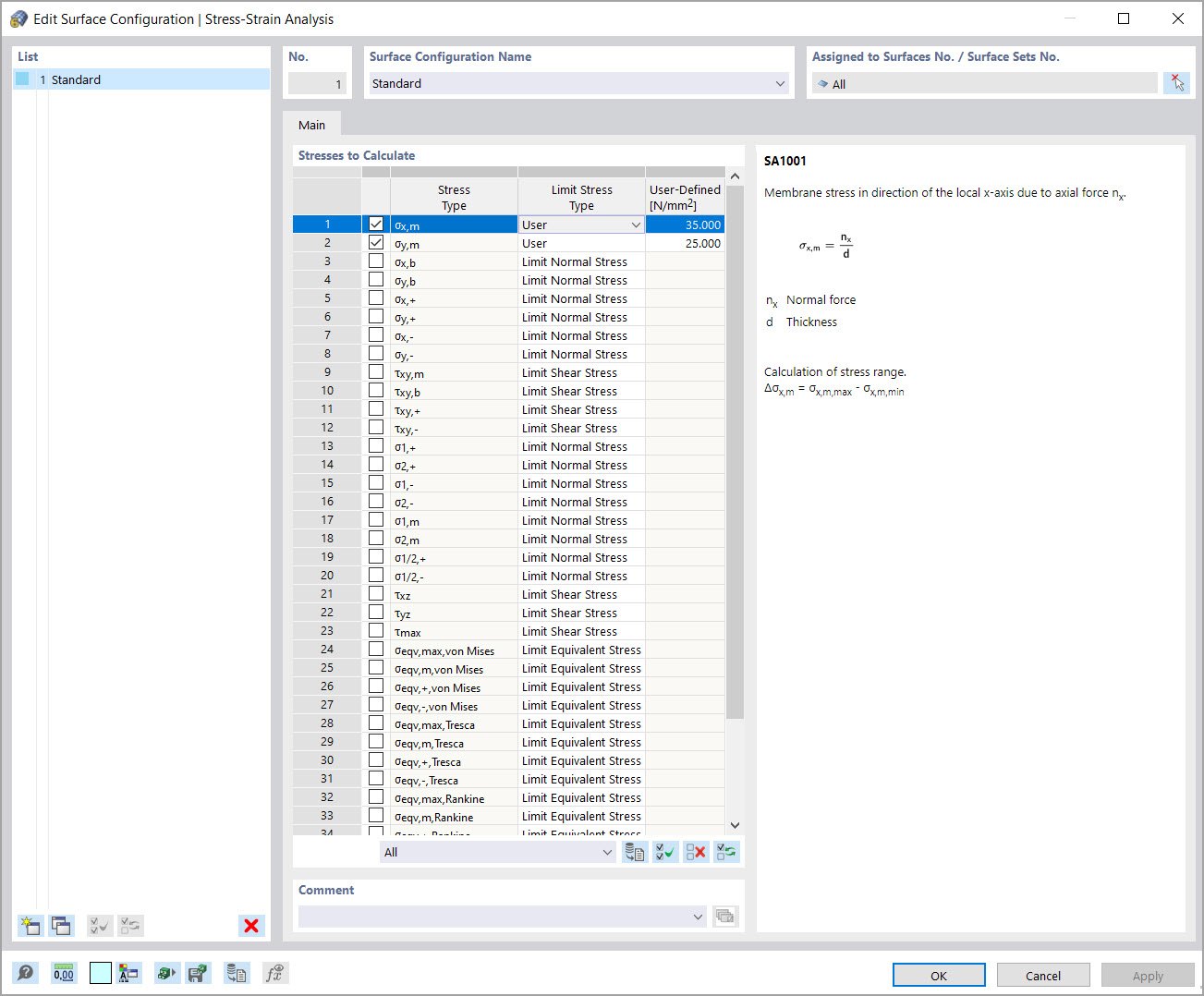 Modifier la configuration de surface | Analyse contrainte-déformation