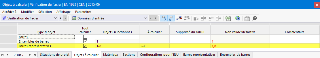 Tableau d'entrée des objets à calculer dans « Vérification de l'acier » | Barres représentatives