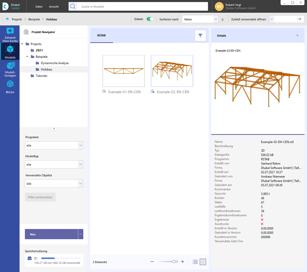 Navigateur de projet dans Dlubal Center