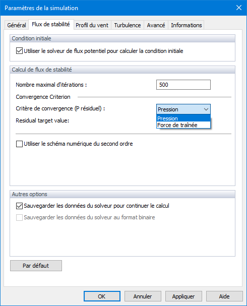 Paramètres de la simulation, Flux stationnaire, Type de résidus