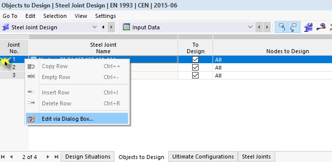 Menu contextuel du tableau