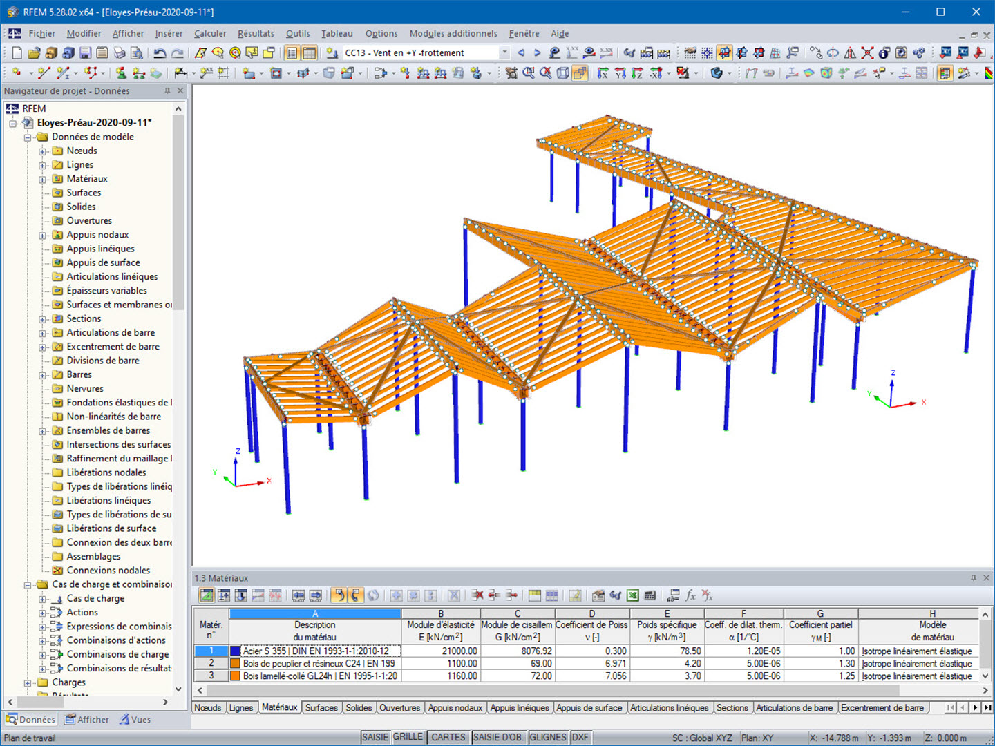 Charpente du préau modélisée dans RFEM (©D-Bois)