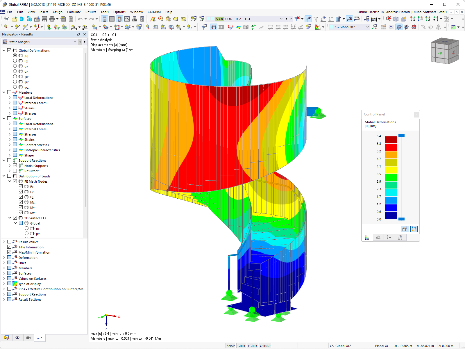 Déformations de l'escalier en colimaçon dans RFEM (© Matrix Consulting Engineers Ltd)