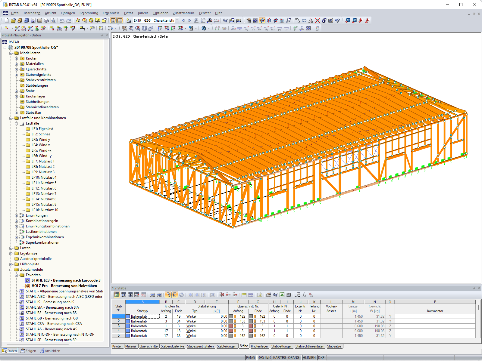 Modèle 3D de la structure en bois de la halle dans RSTAB (© MARX KRONTAL PARTNER)