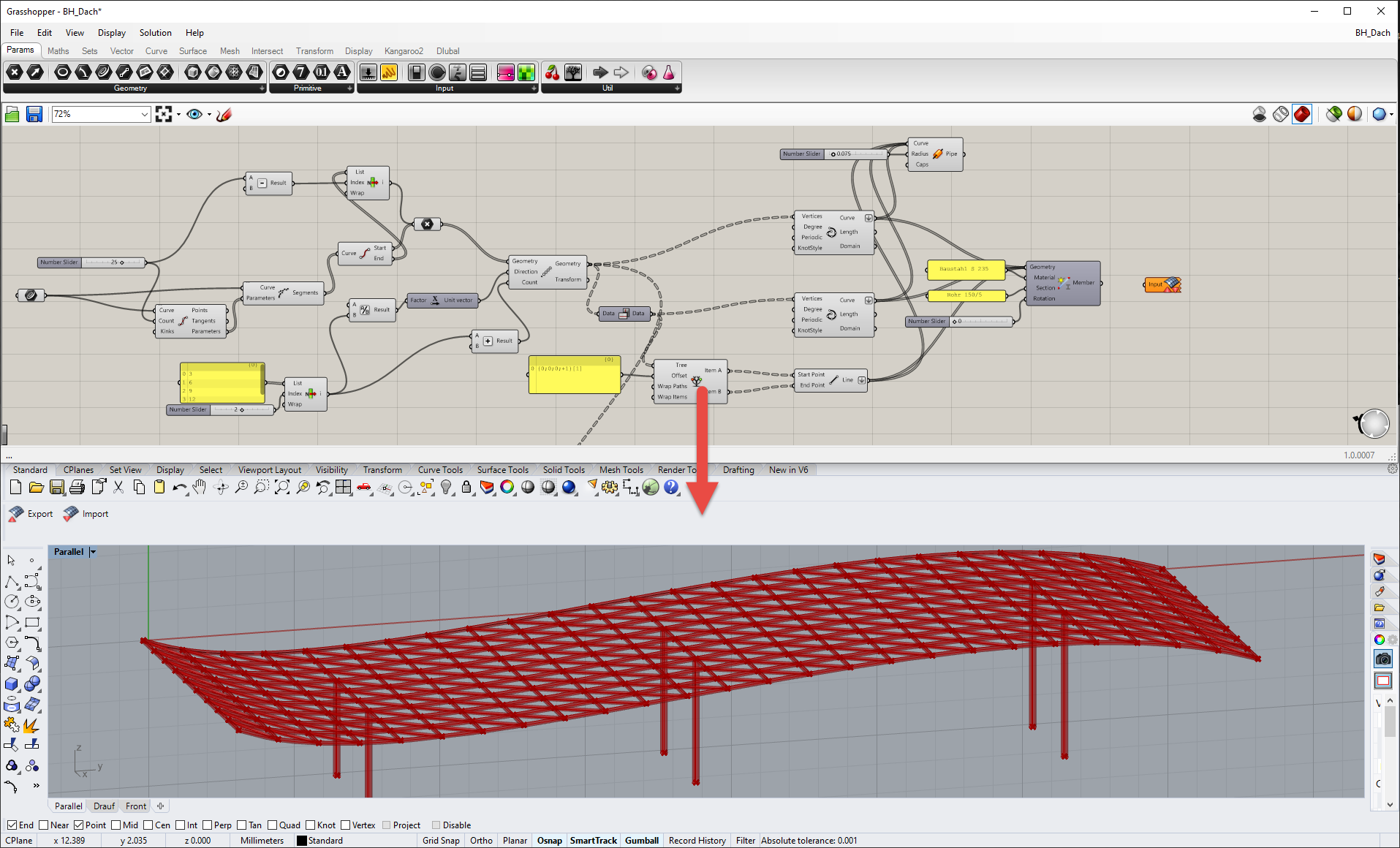 Paramétrage de la toiture en acier avec Grasshopper (haut) et RFEM (bas)