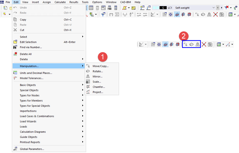 Outils de modélisation dans le menu « Modifier » et boutons dans la barre d'outils