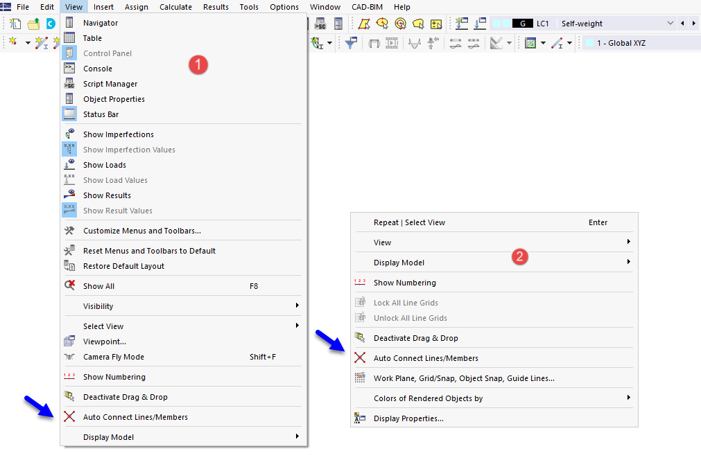 Fonction « Connecter automatiquement les barres » dans le menu (1) et le menu contextuel général (2)