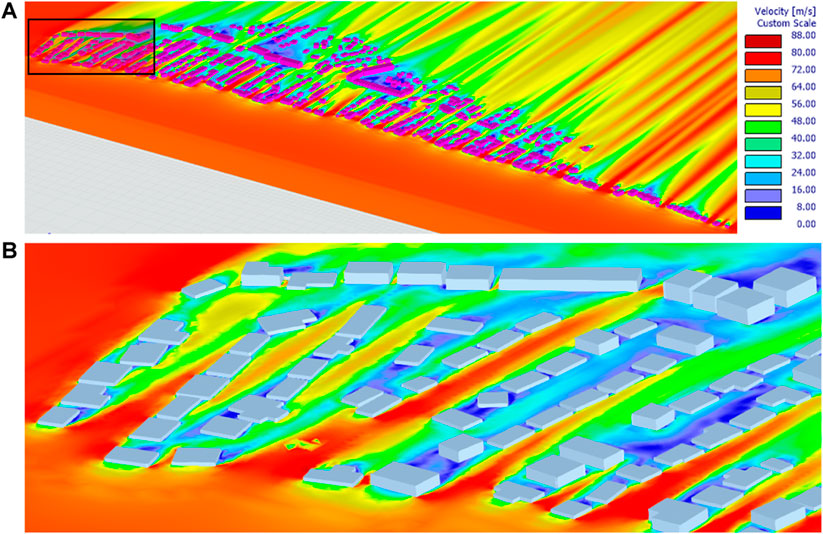 Modélisation du flux de vent pour la zone d'étude (A) Distribution spatiale de la vitesse du vent dans la communauté ; (B) Vue rapprochée des contours de vitesse du vent.