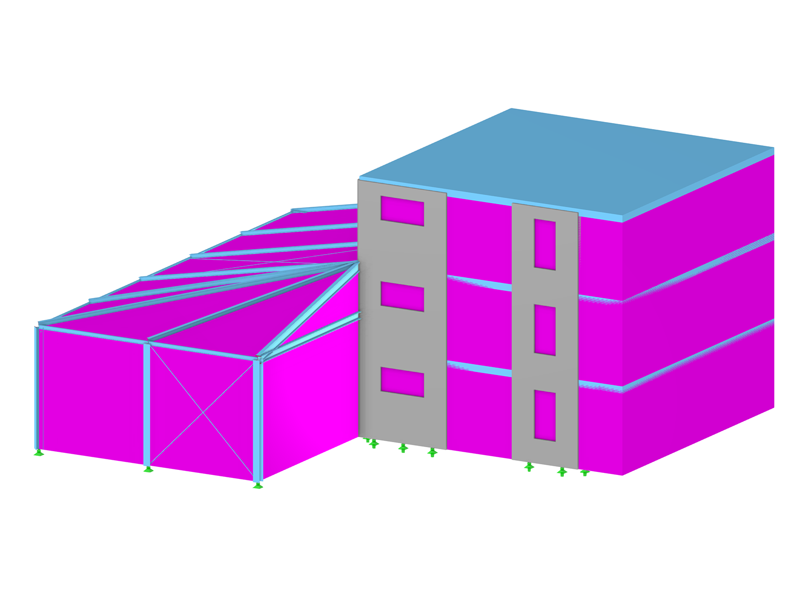 Bâtiment en béton armé avec annexe et zones de transfert de charge