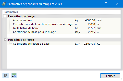 Paramètres dépendants du temps calculés