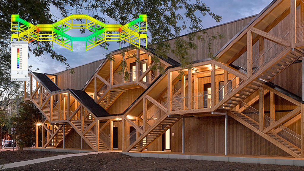 Modèle RFEM d'une structure d'escalier composée de treillis en bois