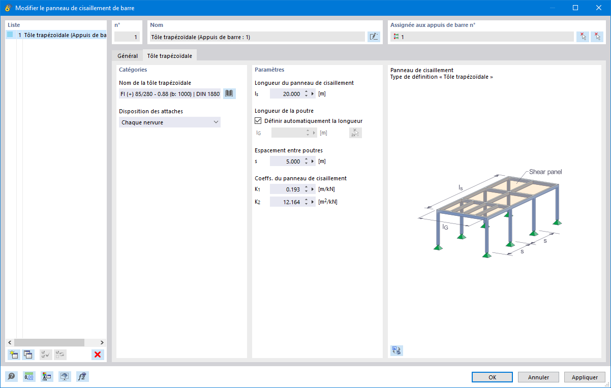 Boîte de dialogue « Panneau de cisaillement de barre », onglet « Tôle trapézoïdale »