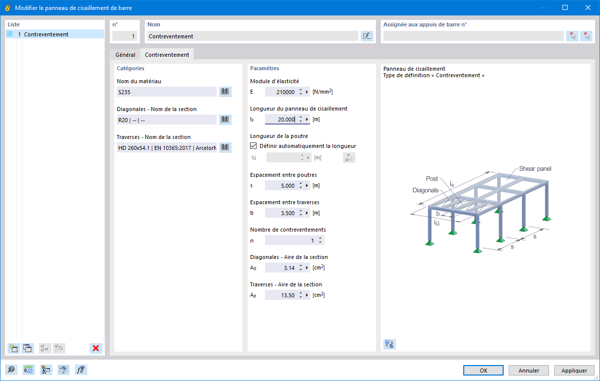 Boîte de dialogue «Modifier le panneau de cisaillement de barre », onglet « Contreventement »