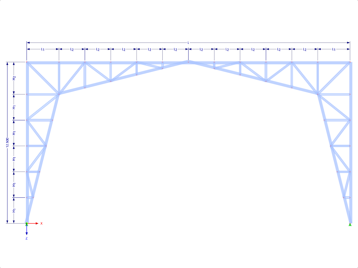 Modèle 001889 | FTZ071 | Entrée via le nombre de travées horizontales (nh), les travées verticales (nv), les travées extérieures (L_1), les travées intérieures (L_2), la hauteur des travées verticales (H_1) et la hauteur de la première travée horizontale (H_2) avec les paramètres