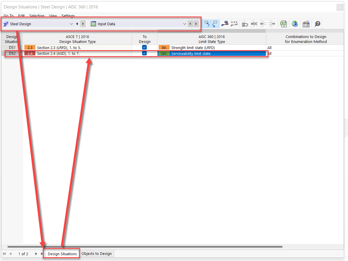 FAQ 005358 | Lors d'un calcul selon l'ASCE 7, comment configurer une situation de projet ASD ?