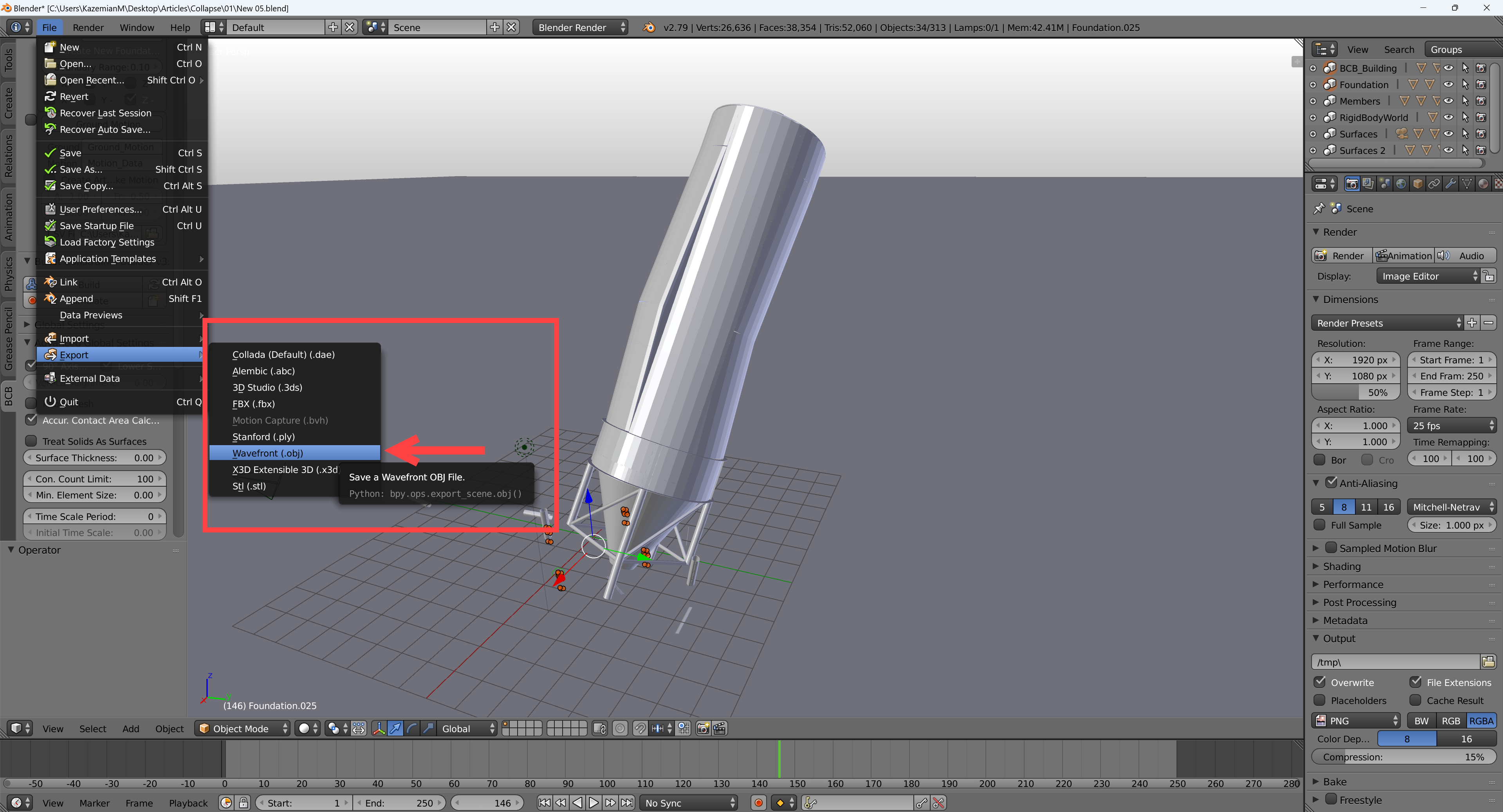 Figure 6 : Exporter le modèle au format .OBJ dans Blender v. 3,5