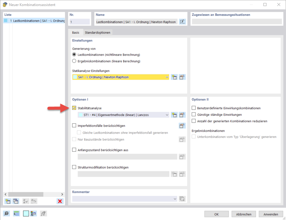 Activer l'analyse de stabilité dans l'assistant de combinaison