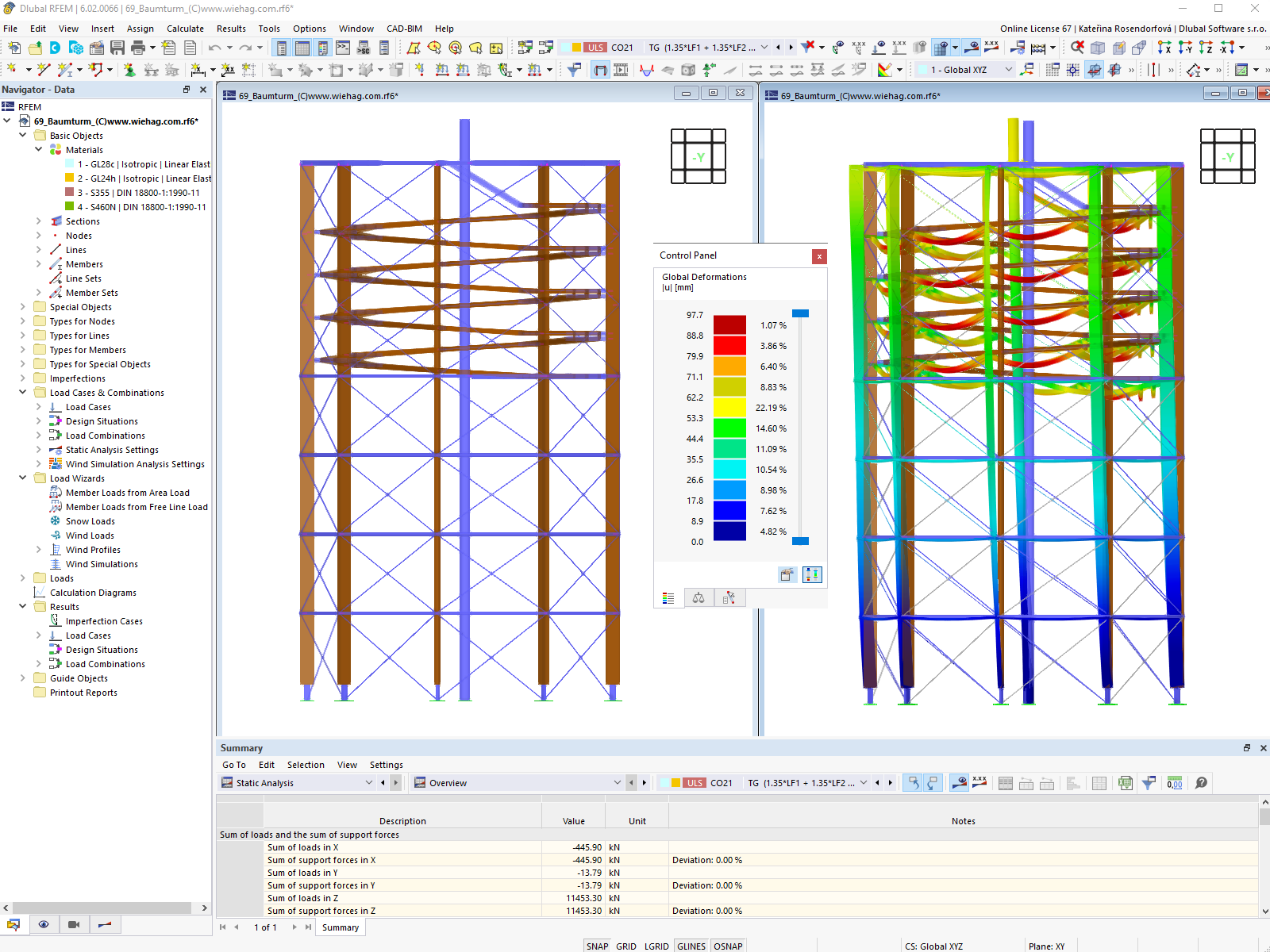 Modèle et image de déformation du pylône dans RFEM