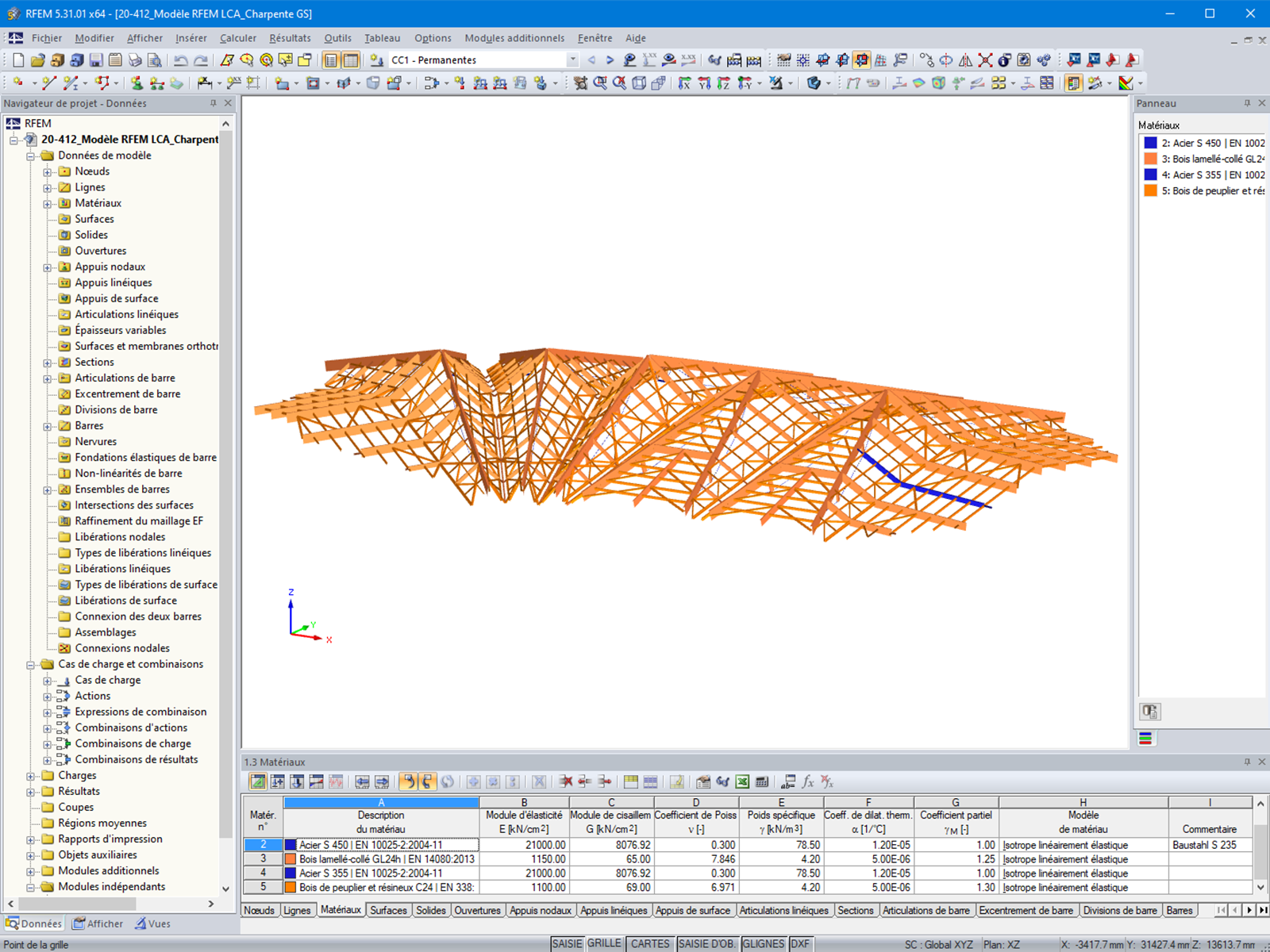 Modèle de la charpente dans RFEM 5 (© LCA Construction Bois)