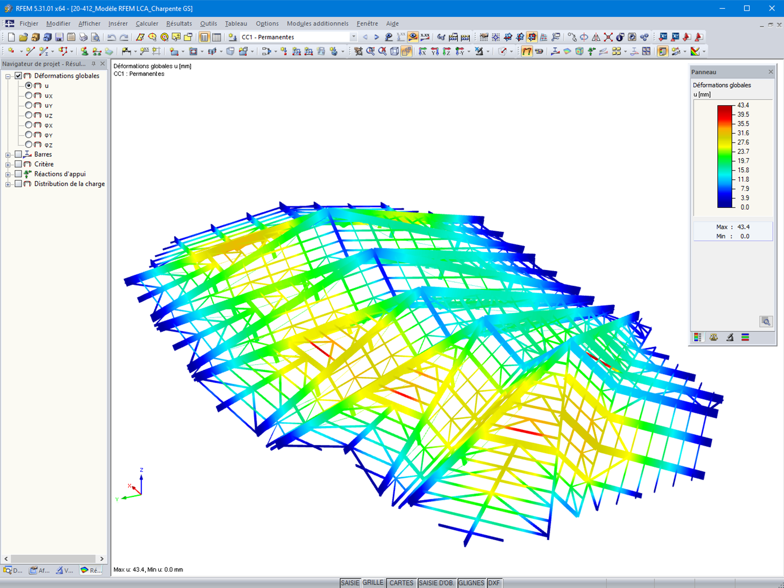 Déformations sous charge de vent dans RFEM 5 (© LCA Construction Bois)