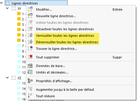 Menu contextuel des Lignes directrices dans le navigateur