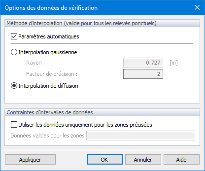 Options des données de vérification