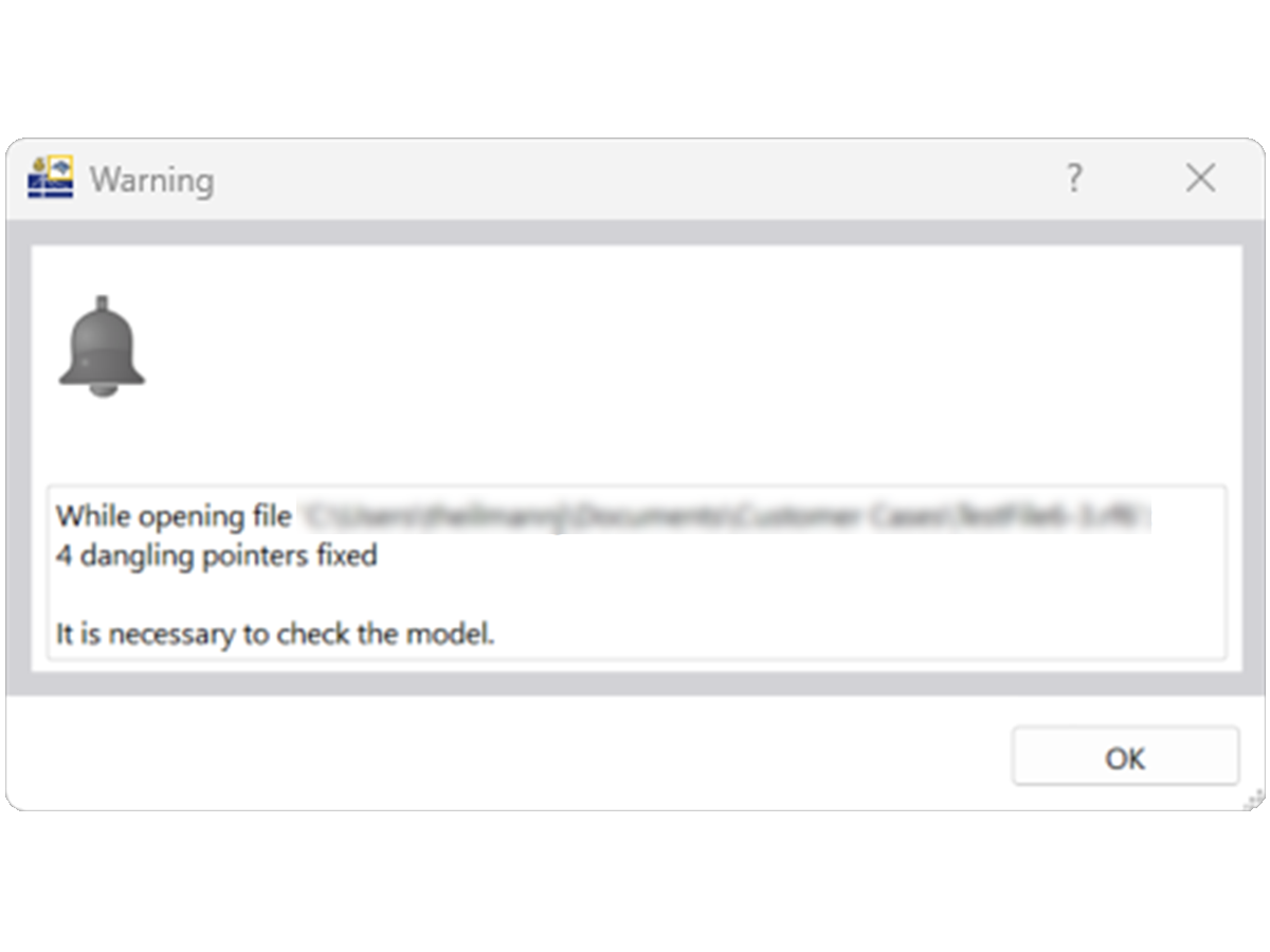 FAQ 005402 | Lorsque j'ouvre un fichier de modèle, un message d'avertissement « Le pointeur suspendu a été corrigé » s'affiche. Qu'est-ce que cela signifie ?