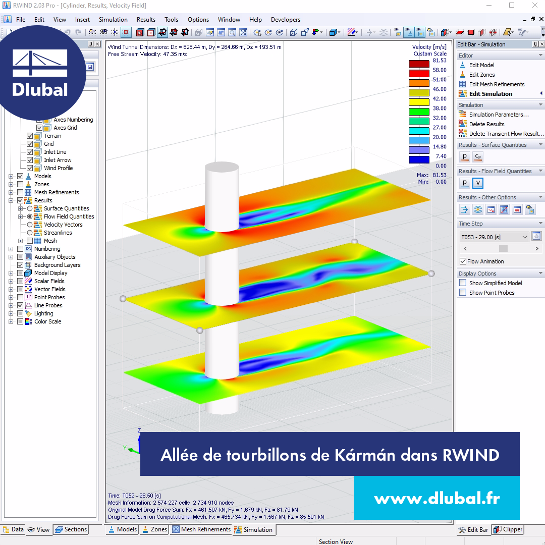 Allée de tourbillons de Kármán dans RWIND