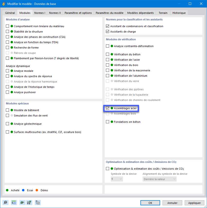 Activation du module complémentaire « Assemblages acier »