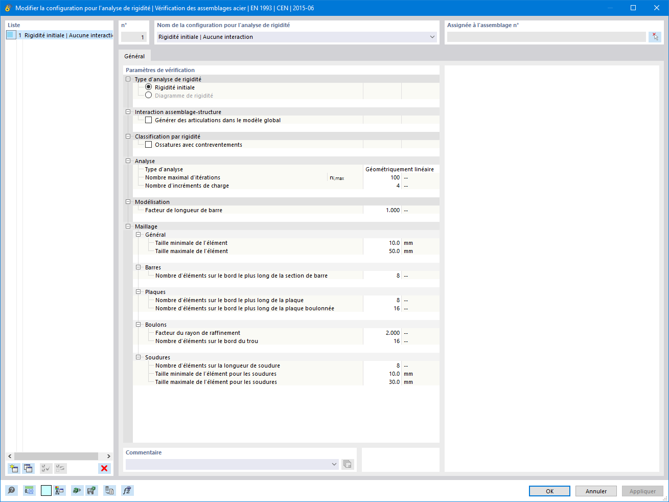 Paramètres de la configuration de l’analyse de rigidité pour la vérification des assemblages acier