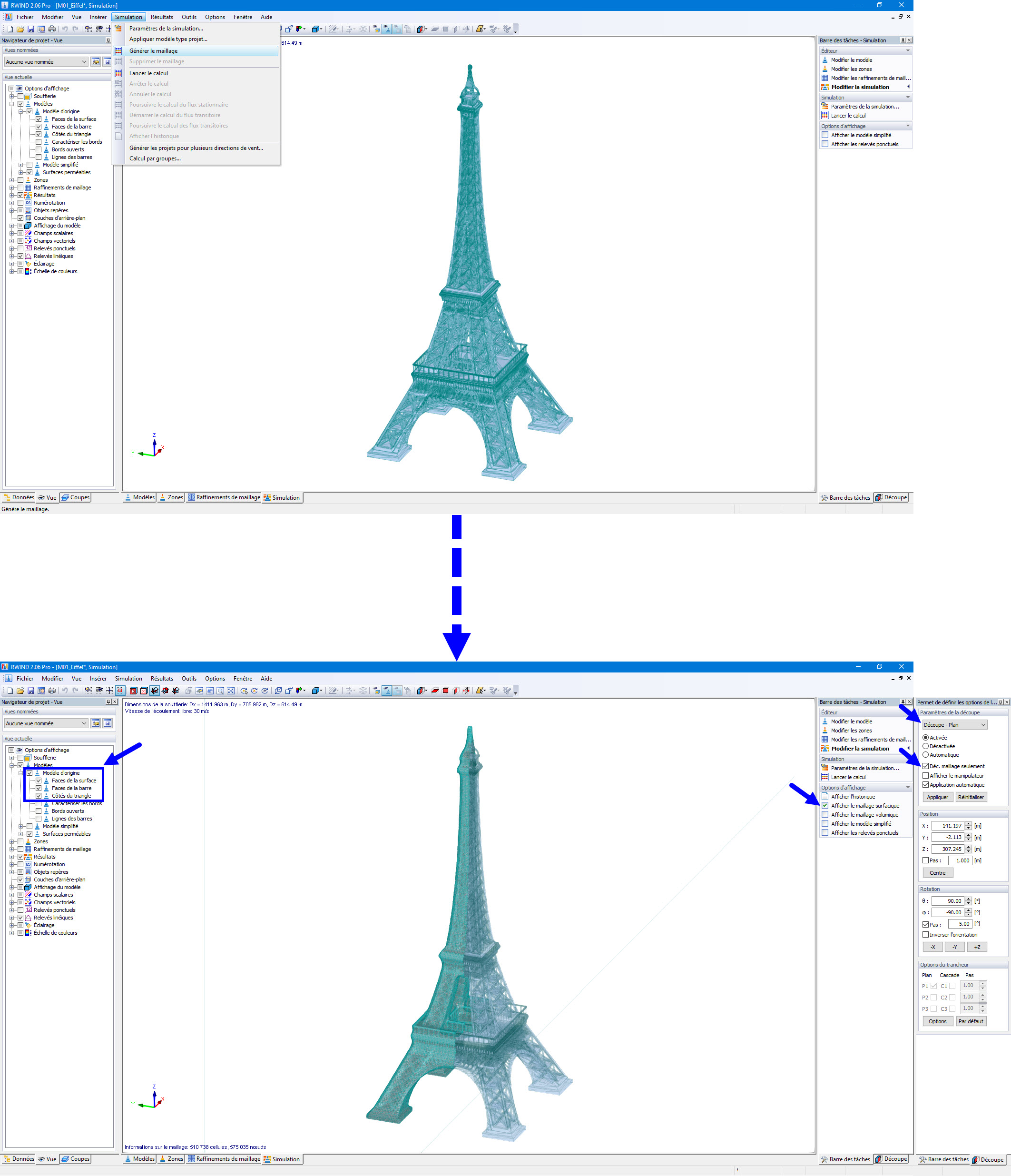 Affichage du maillage de calcul et du maillage d'origine