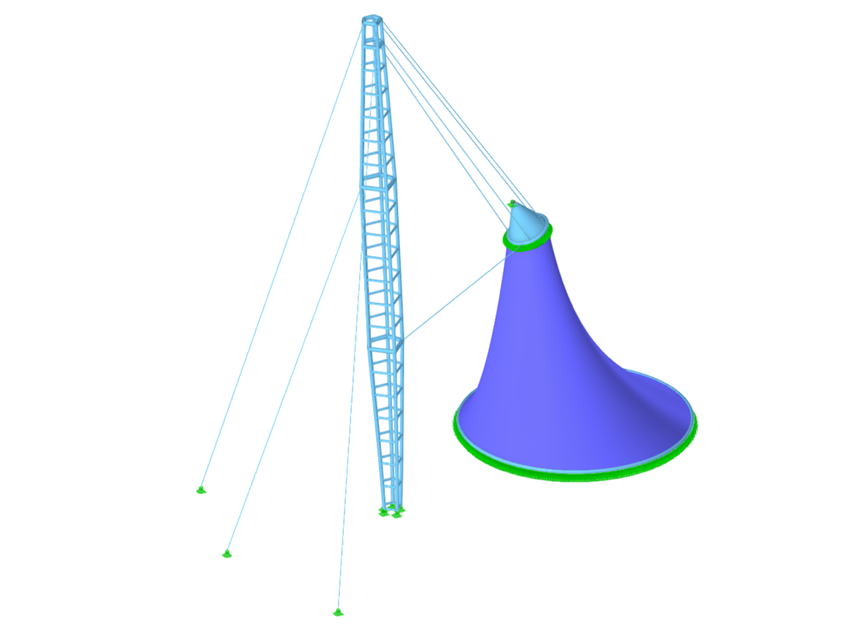 Toiture conique asymétrique inclinée soutenue par un mât en treillis 3D avec des câbles