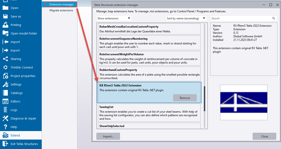 Gestionnaire d'extensions Tekla Structures