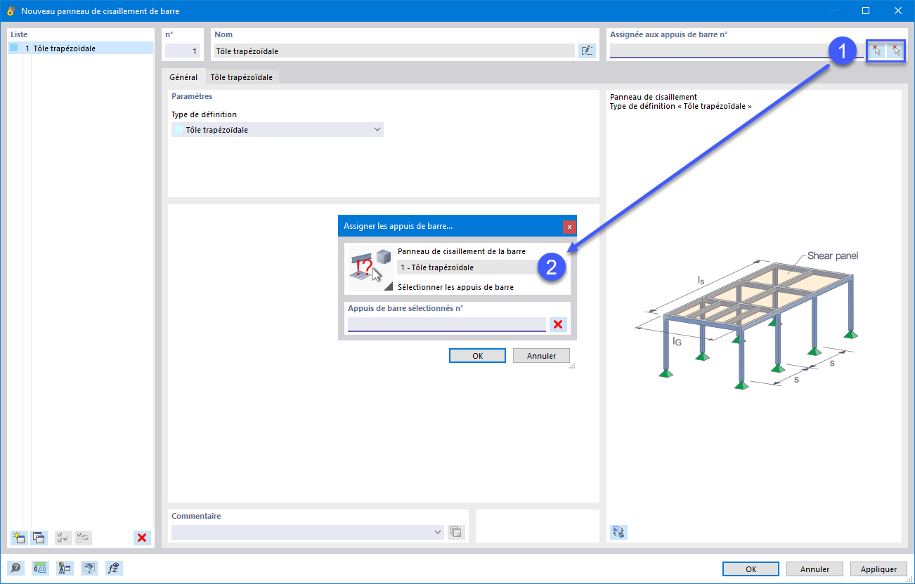Boîte de dialogue « Nouveau panneau de cisaillement de barre », assigner un appui de barre